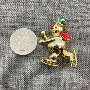 Gold Crown Ice Skating Snowman Pin Brooch Red Scarf Green Holly Vintage